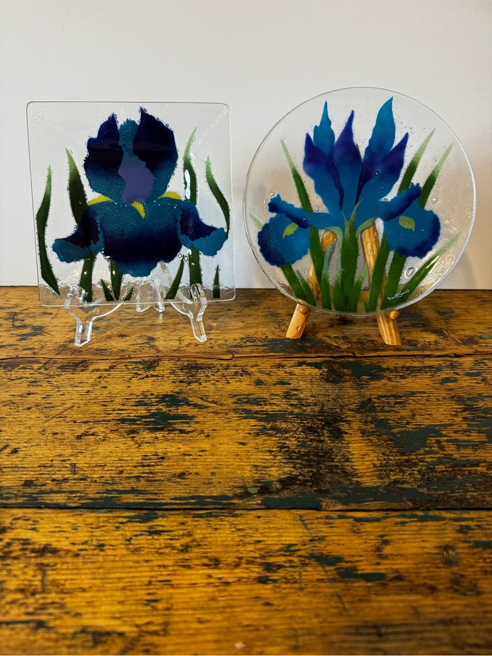 Blue & Green Iris Fused Glass Wall Plaques